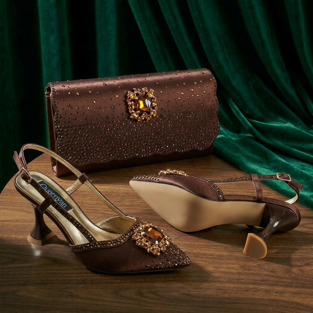 Clutch Bag Evening - รองเท้าส้นสูงหัวแหลมแบบสลิงแบ็คประดับคริสตัลสีน้ำตาล QueenYan พร้อมกระเป๋าคลัทช์สำหรับงานกลางคืนประดับคริสตัลแบบสเกลโลปเปอร์ ชุดรองเท้าสำหรับผู้หญิงสำหรับงานทางการ