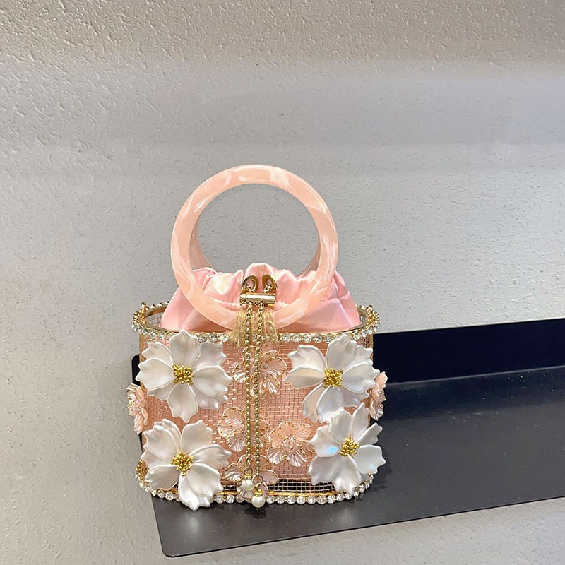 Clutch Bag Evening - กระเป๋าถือโลหะแบบโปร่งลายดอกไม้สำหรับผู้หญิง กระเป๋าคลัทช์คริสตัลวิบวับประดับเพชรเทียม กระเป๋าออกงานกลางคืนสำหรับงานแต่งงาน