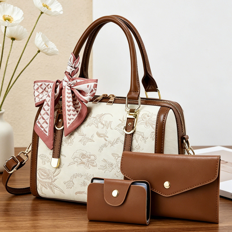 Women Bags Luxury - กระเป๋าถือผู้หญิงปักลายหรูหราเบาๆ ชุดกระเป๋าผู้หญิง 3 ชิ้น กระเป๋าบอสตันอเนกประสงค์ ดีไซน์หรูหราสำหรับใช้ในชีวิตประจำวัน