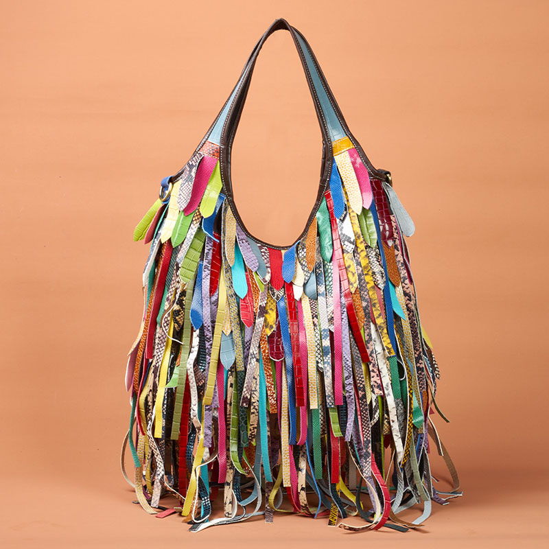 Hobo Bag Slouchy - สีสันหนังแกะจริงไหล่กระเป๋าผู้หญิงขนาดใหญ่ Slouchy Hobo กระเป๋าถือ Patchwork หนังพู่