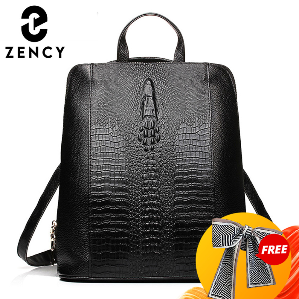 Women Bags H&M - Zency 100% เป้หนังแท้สำหรับผู้หญิง, กระเป๋าเป้สะพายหลังลายจระเข้สำหรับผู้หญิงกระเป๋านักเรียนใส่โน๊ตบุ๊คของเด็กผู้หญิงกระเป๋าเดินทางคุณภาพสูง