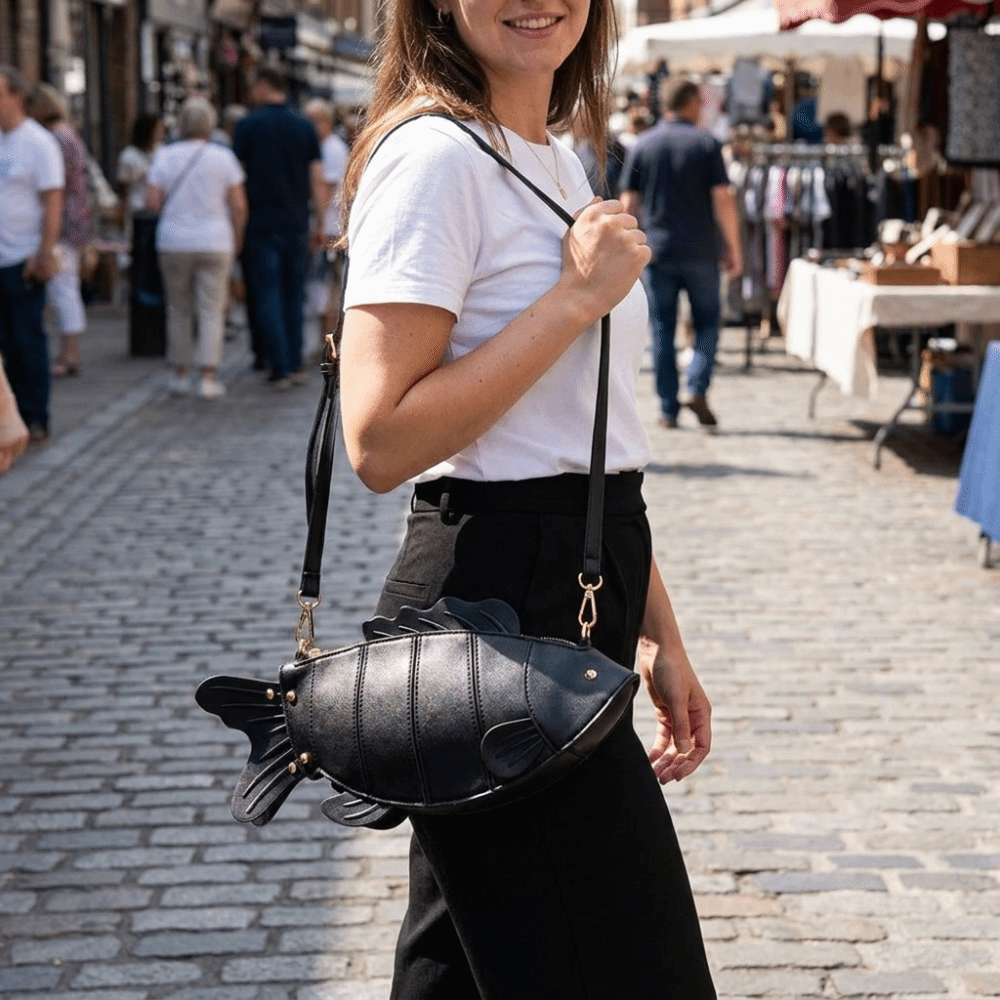 Hobo Bag Slouchy - กระเป๋าสะพายข้างรูปปลา ดีไซน์สร้างสรรค์ ตกแต่งหมุด 3 มิติ รูปทรงสัตว์