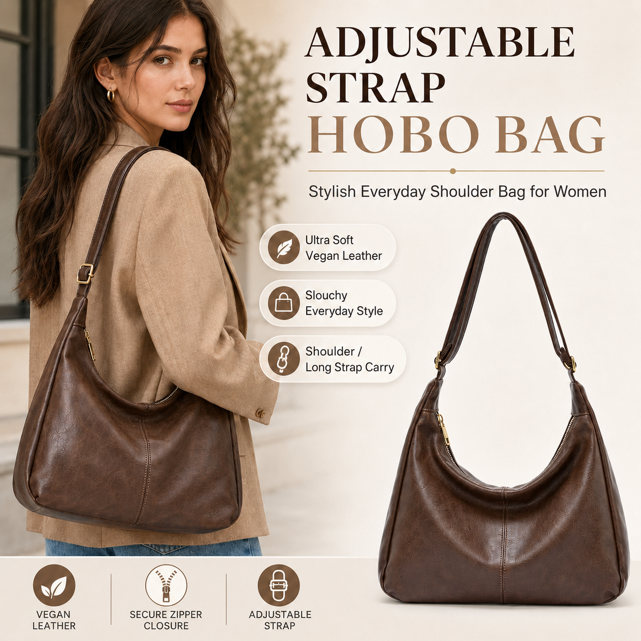 Hobo Bag Slouchy - กระเป๋าสะพายไหล่แบบปรับสายได้สำหรับผู้หญิง ทำจากหนังวีแกนเนื้อนุ่มพิเศษ ทรงโฮโบ พับเก็บได้ เหมาะสำหรับทำงานและเดินทาง