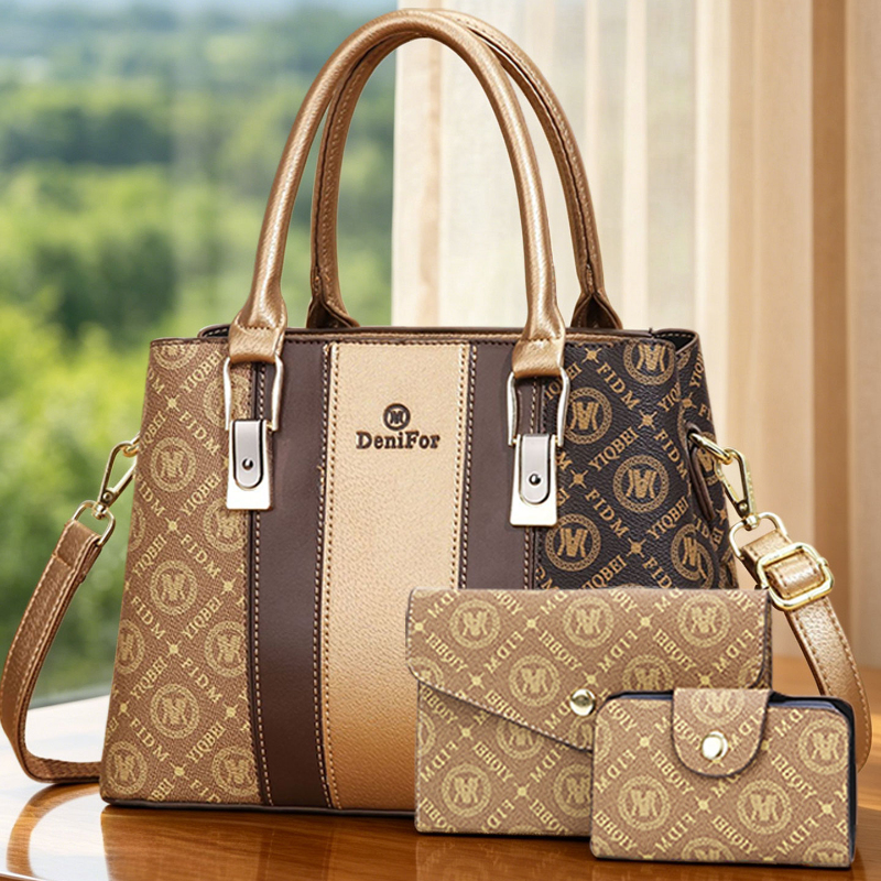 Women Bags Luxury - ชุดกระเป๋าถือสตรี 3 ชิ้น ดีไซน์แบบต่อผ้า กระเป๋าสะพายพิมพ์ลายหรูหราเบาๆ สำหรับผู้หญิง