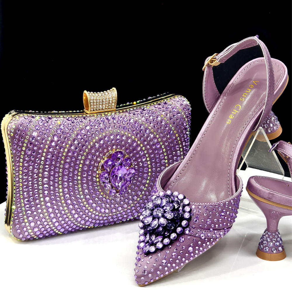 Women Bags Luxury - ชุดรองเท้าส้นสูงปลายแหลมสีม่วงมันสำปะหลังประดับคริสตัลหรูหราสไตล์อิตาลี Venus Chan 2025 พร้อมกระเป๋าสำหรับผู้หญิง -