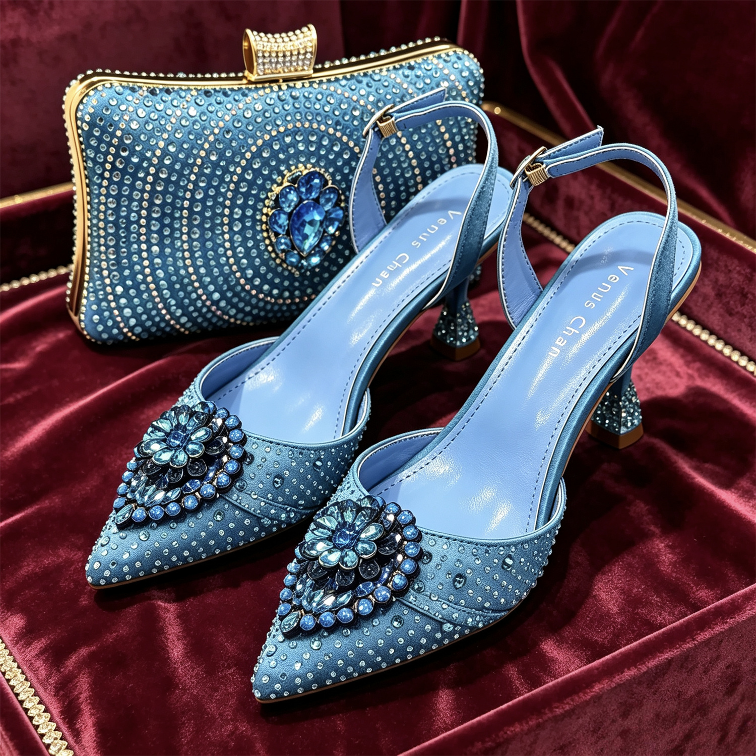 Clutch Bag Evening - รองเท้าส้นสูงประดับคริสตัลและกระเป๋าคลัทช์ ชุดรองเท้าส้นสูงแบบสวมปลายแหลมสำหรับผู้หญิง งานแต่งงาน งานพรอม งานปาร์ตี้ หรูหรา