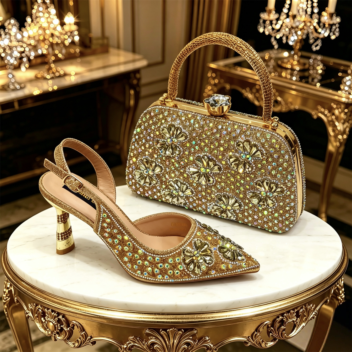 Clutch Bag Evening - วีนัส ชาน โกลด์ ชุดรองเท้าส้นสูงประดับเพชรและกระเป๋า, รองเท้าส้นสูงแบบสลิงแบ็คสำหรับผู้หญิงงานแต่งงานงานเลี้ยงตอนเย็น