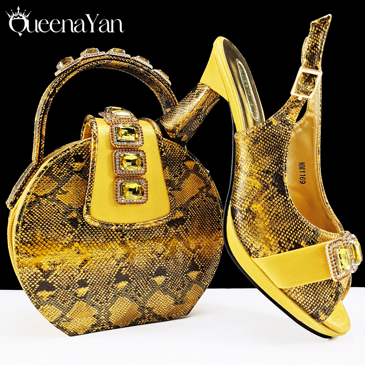 Women Bags Luxury - Queena Yan ใหม่หรูหราอิตาเลี่ยนผู้หญิงรองเท้าและกระเป๋าชุด Elegant Golden Rhinestone