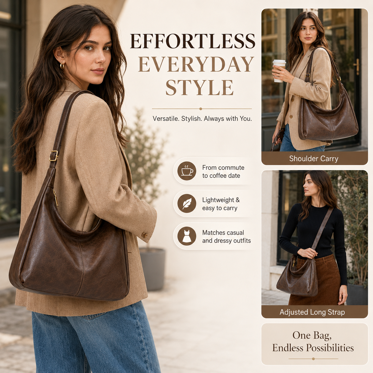 กระเป๋าสะพายไหล่แบบปรับสายได้ส - Hobo Bag Slouchy บทวิจารณ์และราคา