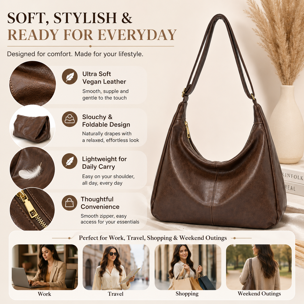 กระเป๋าสะพายไหล่แบบปรับสายได้ส - Hobo Bag Slouchy บทวิจารณ์และราคา