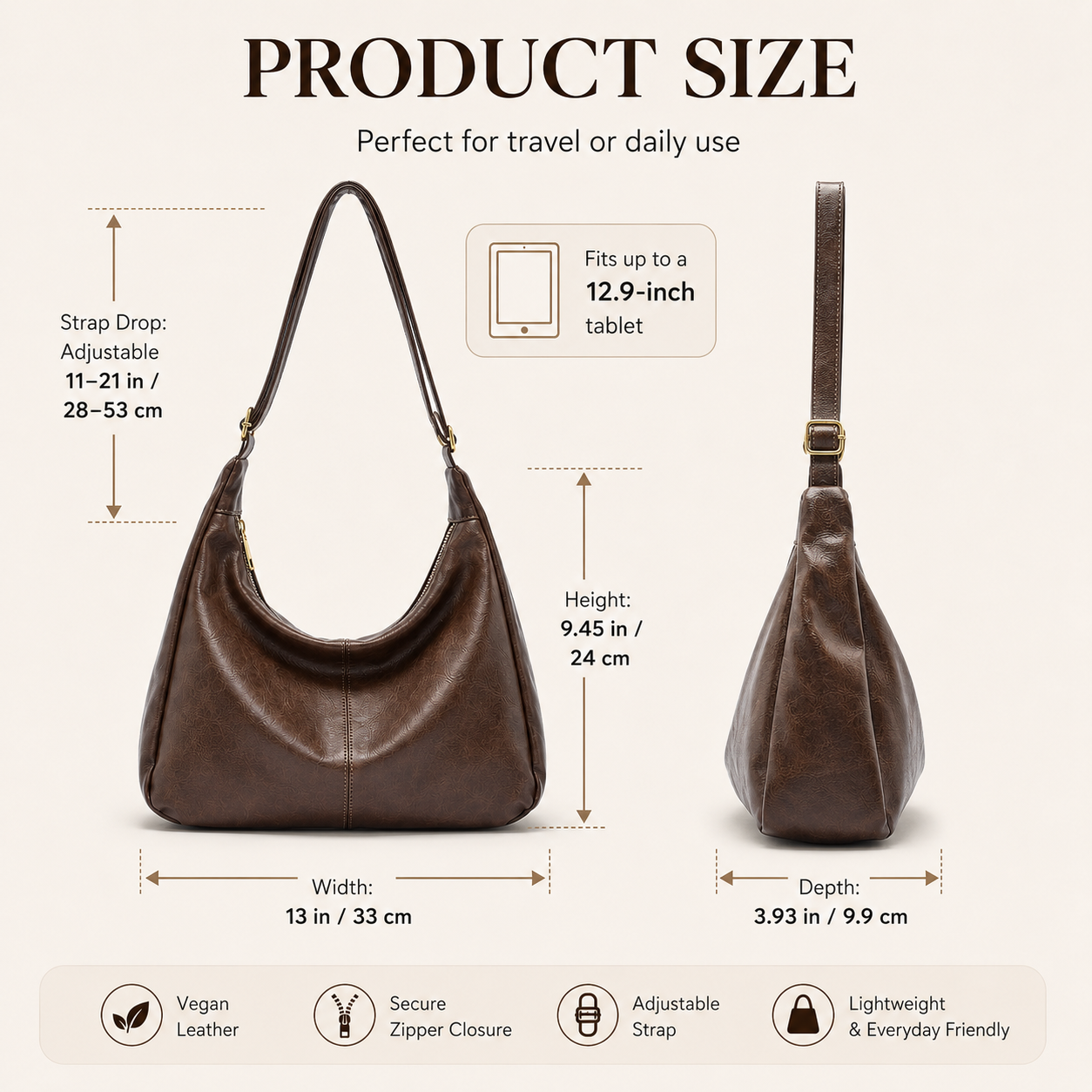 กระเป๋าสะพายไหล่แบบปรับสายได้ส - Hobo Bag Slouchy บทวิจารณ์และราคา